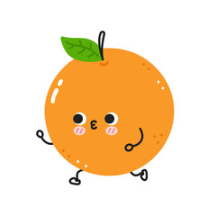 Cute funny orange jogging. Vector flat line cartoon kawaii character illustration icon. Isolated on white background. Orange fruit workout character concept