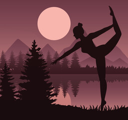 female athlete dancing ballet sport silhouette in the lake scene vector illustration design