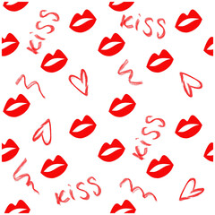 Handwritten Red Woman Lips. Lipstick Kisses Isolated on White Background. XOXO, Love, Kiss and Muah Phrases on Valentines Day.