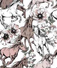Seamless wallpaper floral pattern. The running beautiful horses and anemone flowers. Textile composition, hand drawn style print. Vector illustration.