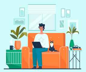Man with laptop and phone sitting on sofa. Flat design illustration. Vector