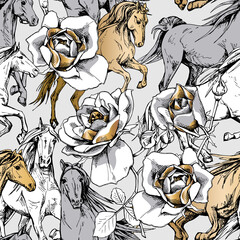 Seamless wallpaper floral pattern. The running beautiful horses and gold rose flowers. Textile composition, hand drawn style print. Vector illustration.