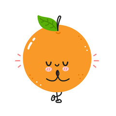 Cute funny orange meditate in yoga pose. Vector flat line cartoon kawaii character illustration icon. Isolated on white background. Orange fruit workout character concept