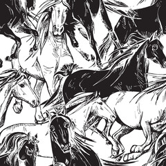 Seamless wallpaper pattern. The running beautiful horses. Textile composition, hand drawn style print. Vector black and white  illustration.