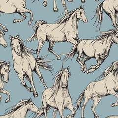 Seamless wallpaper pattern. The running beautiful beige horses on a blue background. Textile composition, hand drawn style print. Vector illustration.