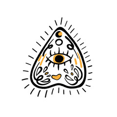 Hand drawn illustration of witches hand and tarot cards. Magic symbols. Flat and cartoon style. Wicca magic Tarot card. Boho chic line art tattoo, poster or altar veil print design.