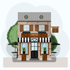 coffee house exterior vector illustration. Flat design of facade. Cafe building concept. Brick two-story restaurant in the European style. Illustration of a city street. A striped awning, shuttered