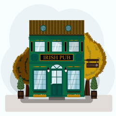 Irish pub exterior vector illustration. Flat design of facade. Beer house building concept. Emerald two-story restaurant in the European style. Illustration of a city street. St. Patrick s Day.