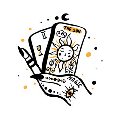 Hand drawn illustration of witches hand and tarot cards. Magic symbols. Flat and cartoon style. Wicca magic Tarot card. Boho chic line art tattoo, poster or altar veil print design.