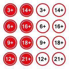 Set of age restriction badges, 3 , 6 , 9 , 12 , 14 , 16 , 18 , 21 . Isolated on a white background. Flat style. Vector