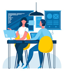 Man and woman programming. Flat design illustration. Vector