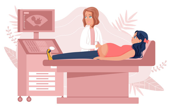 Pregnant woman on a bed doing ultrasound. Flat design illustration. Vector