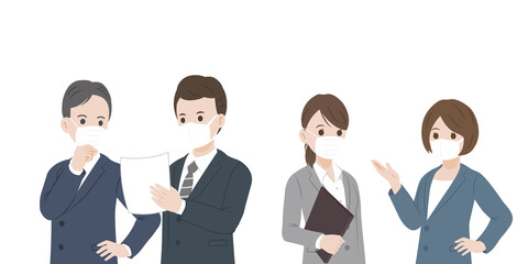 ビジネス　会社員　マスク　打ち合わせ　報告　相談　男女　上半身　イラスト素材
