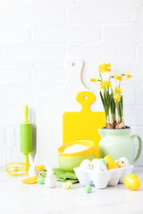 Easter Background for baking with ingredients for cooking. Traditional Easter decoration