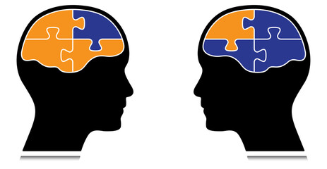 Two head silhouettes with puzzle shaped brain vector illustration. Abstract business concept design for use in teamwork, brainstorming and business solution design projects and presentation. 