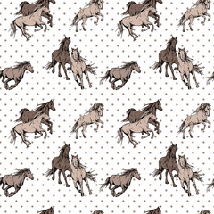 Seamless wallpaper pattern. The running beautiful horses on a polka dot background. Textile composition, hand drawn style print. Vector illustration.