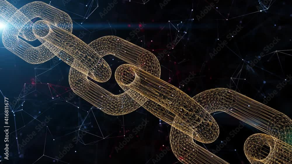 Poster digital 3d gold blockchain rotating on dark cyberspace background