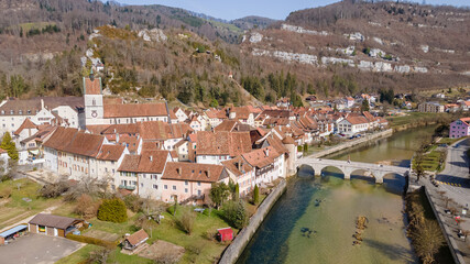 Drone pictures of the village of Saint-Ursanne, Switzerland. 