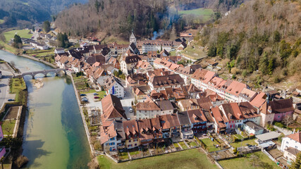 Fototapeta na wymiar Drone pictures of the village of Saint-Ursanne, Switzerland. 