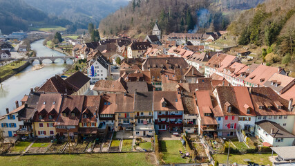Drone pictures of the village of Saint-Ursanne, Switzerland. 