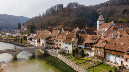 Fototapeta na wymiar Drone pictures of the village of Saint-Ursanne, Switzerland. 