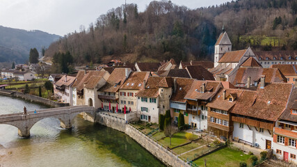Drone pictures of the village of Saint-Ursanne, Switzerland. 