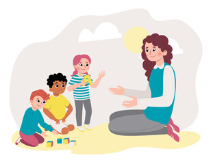Woman playing with kids outdoors. Flat design illustration. Vector