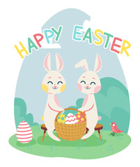 Two rabbits with basket. Flat design illustration. Vector