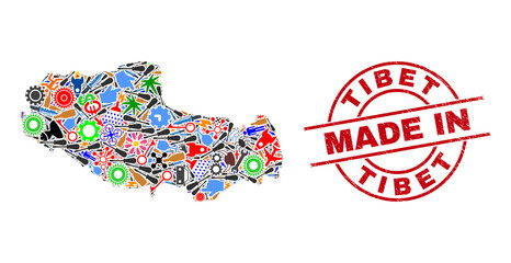 Development mosaic Tibet map and MADE IN textured rubber stamp. Tibet map collage formed from spanners, gearwheels, screwdrivers, components, vehicles, electricity bolts, details.