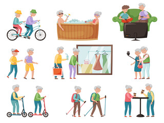 Seth with elderly modern people who are engaged in outdoor activities. In a cartoon style.
