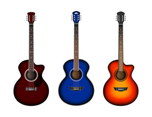 Musical instruments realistic vector set. Bright realistic guitars. Retro acoustic guitar.