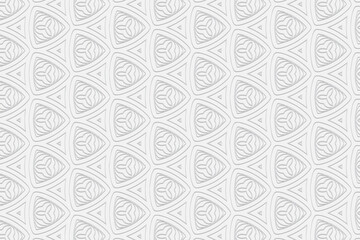 Geometric convex volumetric 3D ornament from a relief ethnic texture. White background from triangles for wallpaper, presentations, websites.