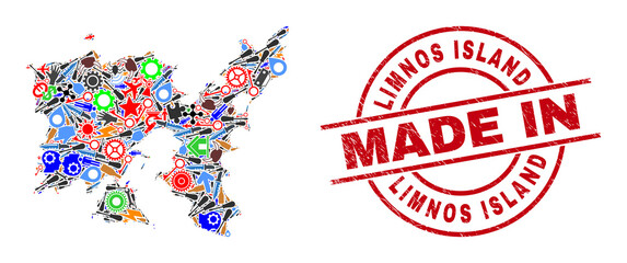 Industrial Limnos Island map mosaic and MADE IN textured rubber stamp. Limnos Island map collage composed with wrenches, wheels, instruments, aircrafts, cars, electricity sparks, details.