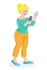 Cute body positive blonde girl with a phone in her hand. The young  woman is a blogger. In cartoon style. Isolated on white background. Vector flat illustration
