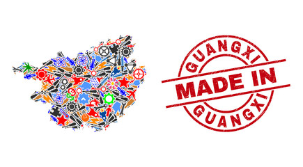 Development Guangxi Province map mosaic and MADE IN textured rubber stamp. Guangxi Province map mosaic formed from spanners, gear wheels, tools,, keys, vehicles, electricity bolts, rockets.