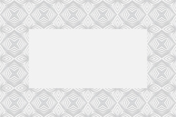 Geometric convex volumetric 3D ornament from a relief ethnic texture. Frame for text. White background of stylish rectangles and flowers in oriental style.