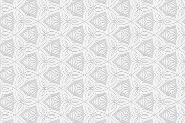 Geometric convex volumetric 3D ornament from a relief ethnic texture. White background from stylish openwork figures and triangles in the style of the peoples of India.