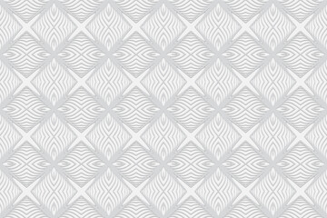 Geometric convex volumetric 3D ornament from a relief ethnic texture.Figured white background from elements in the style of doodling.