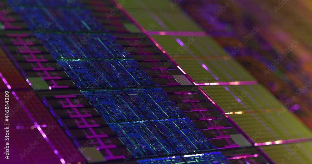 Poster Abstract technological data transmission in the futuristic industry. Glowing data lights spreading in the CPU processor.  Abstract technology background with data visuals. 3D rendering, 4K loop.