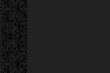 Geometric exotic convex volumetric 3D ornament from a relief ethnic texture. A unique black background from figures in the style of doodling. Vertical insert.