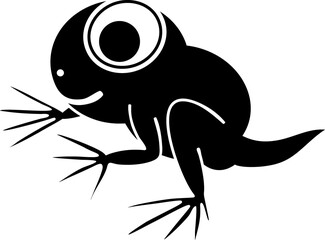Black silhouette of cartoon froglet with tail and big eyes isolated on white background