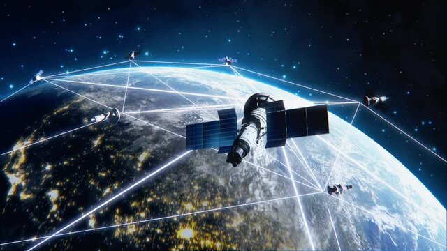 Many Satellites Flying over Earth as Seen from the Space, They Connect and Cover Planet with Digitalization Network of Information. Global Data Grid Connecting Whole World. 3D VFX Rendering