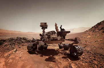 Foto op Canvas Mars 2020 Perseverance Rover verkent het oppervlak van Mars. Volharding rover Missie Mars verkenning van de rode planeet. Ruimteverkenning, wetenschapsconcept. .Elementen van deze afbeelding geleverd door NASA. © Tryfonov