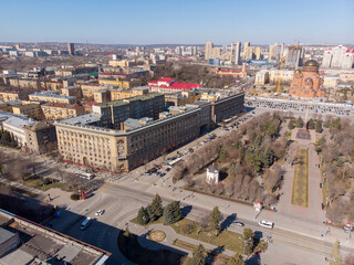 Alexander Nevsky Cathedral in Volgograd / View of the city and the Volga from above. Multi-storey...