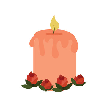 candle flat vector illustration, decorated with red cartoon flowers, cozy wedding decor, festive aromo candle 
