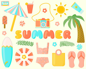 Summer beach items hand-drawn set of elements