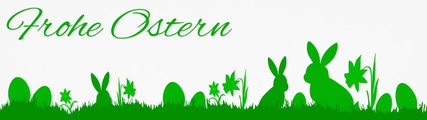 Frohe Ostern / Osterkarte Banner Panorama-Grußkarte / Ostermotiv Symbol Silhouette in grün  isoliert auf weißem Hintergrund