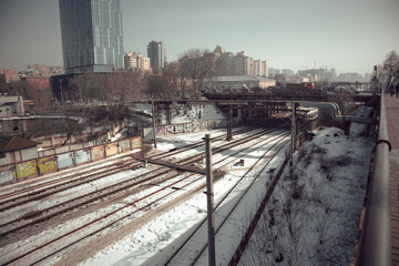Naklejka premium Kyiv railway station in winter. An empty train station during quarantine