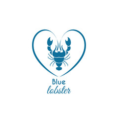 Stylized blue lobster logo with heart. Logo for restaurant, bar, seafood advertising. Vector illustration isolated on white background. Flat design..