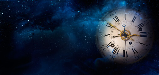 Mystical image of a Clock face of the old watch on the night sky background with stars. Philosophy image of space time dimension and time transience. - obrazy, fototapety, plakaty
